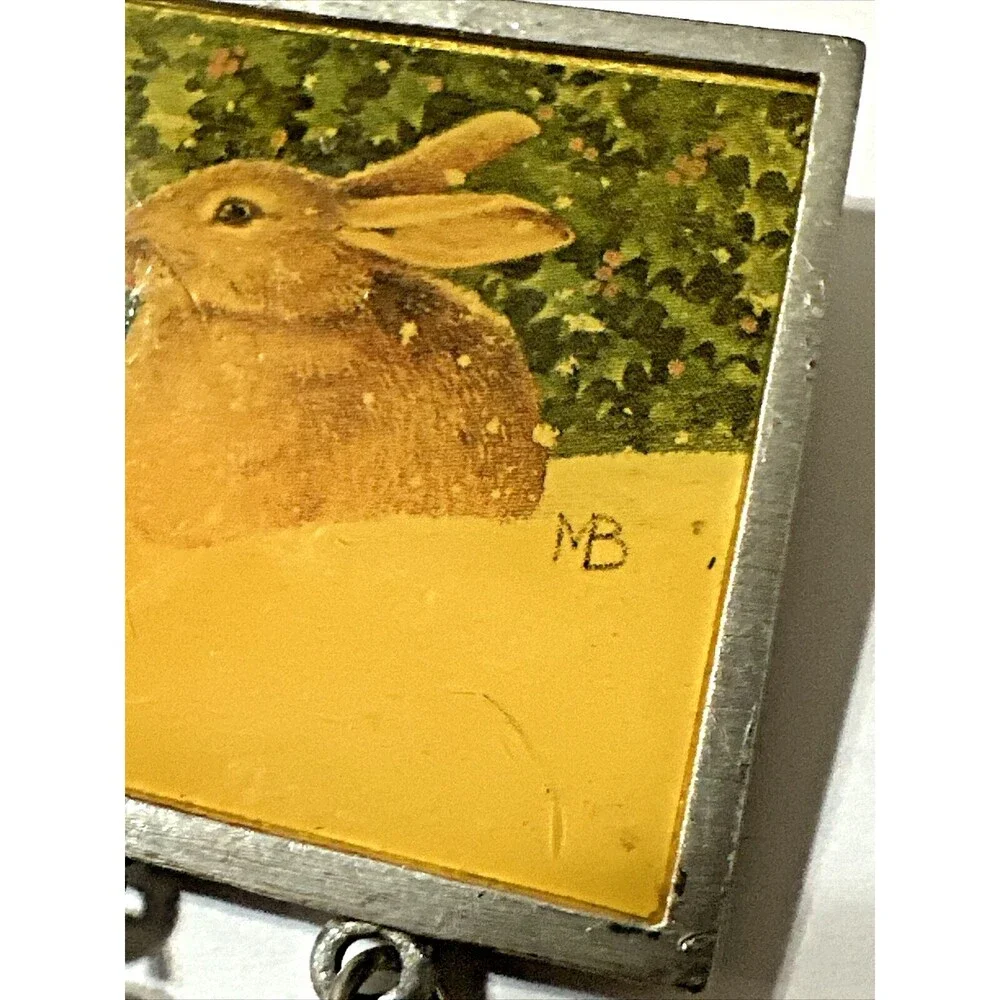 Vintage MARJOLEIN BASTIN Brooch Rabbit Holly Bush Nature Pewter Charms Signed